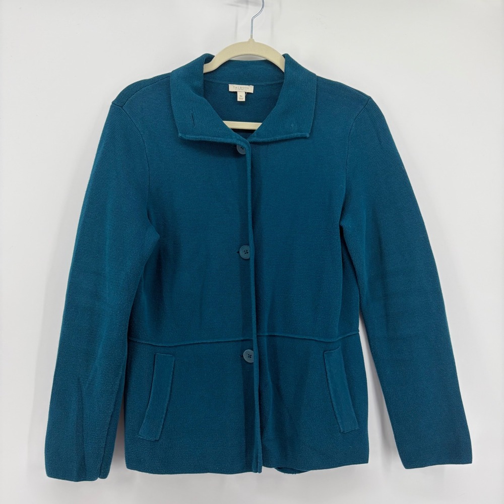 Talbots Cardigan Jacket Teal Blue Size SP Petite 100% Cotton Button Front Collar